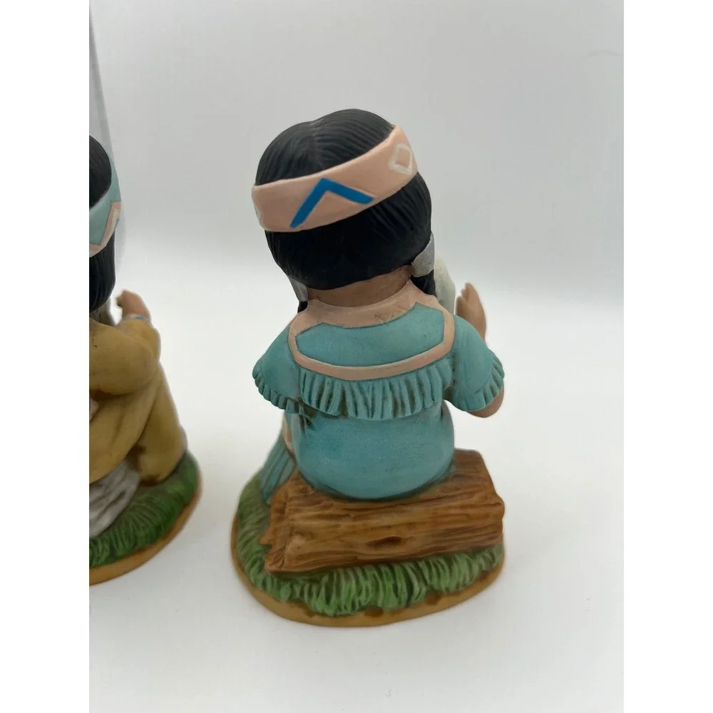 Vintage Homco 1428 Native American Children Figurines Boy Wolf Girl Lamb Set 2
